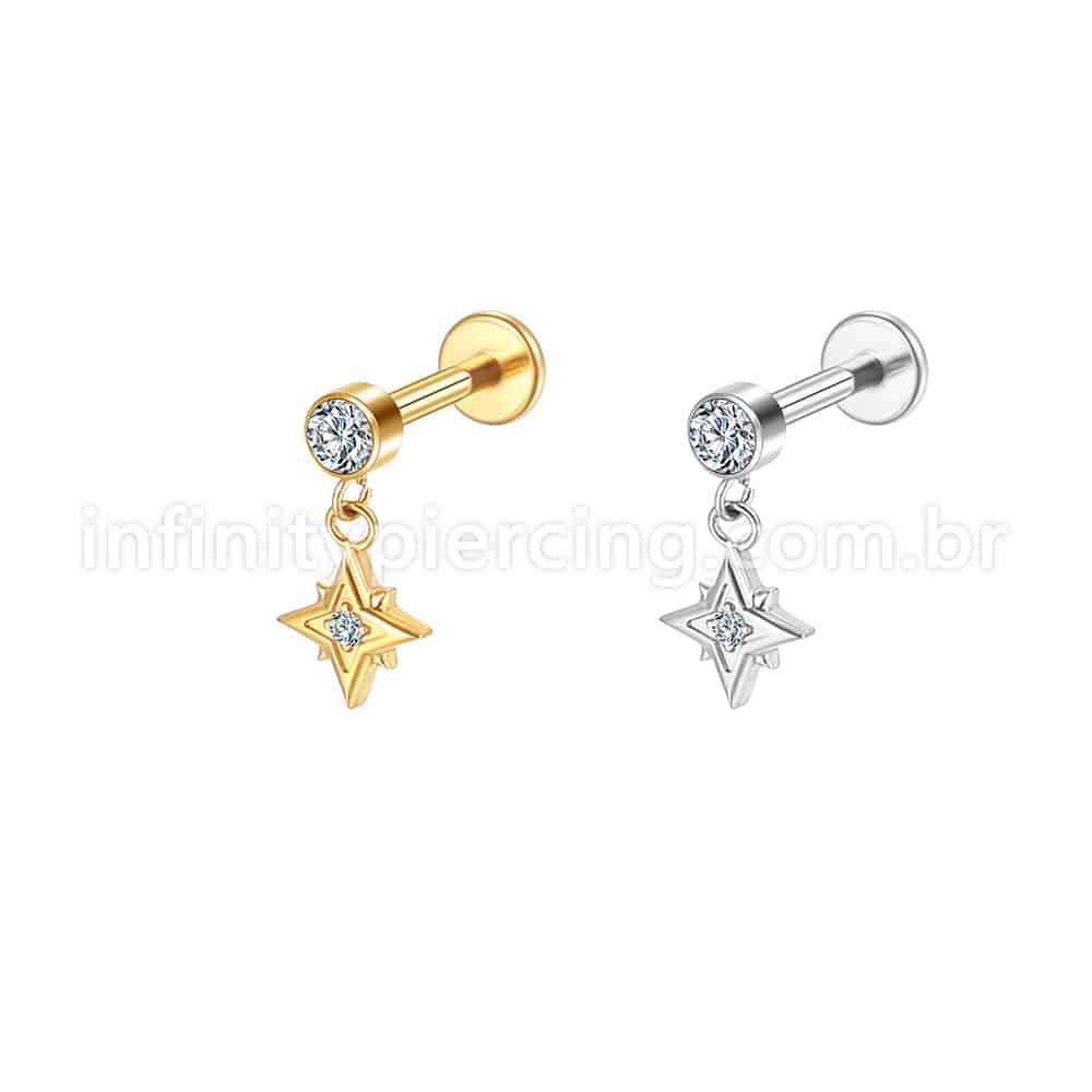 Piercing Labret Aço Cirúrgico Ponto De Luz Com Pingente Estrela